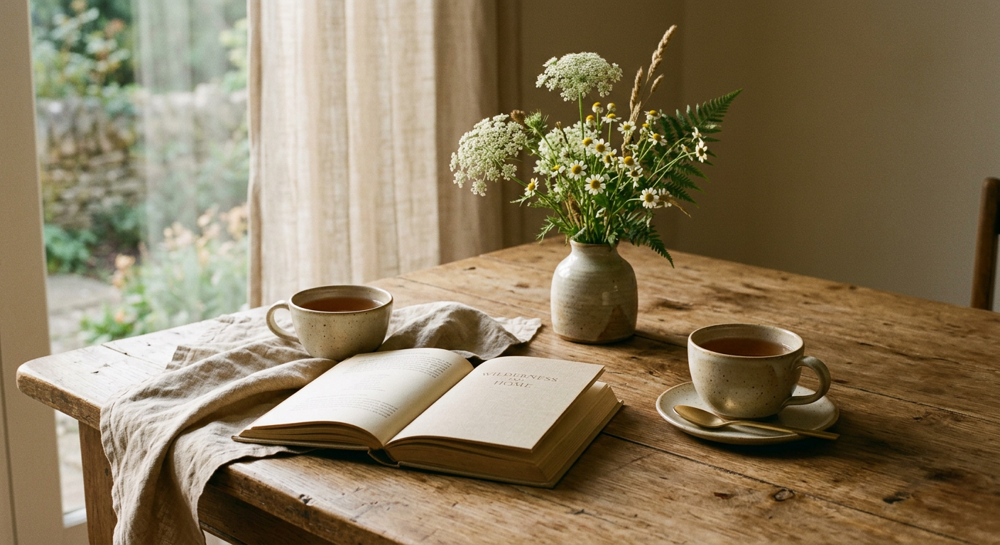 Afternoon light across a simple wooden table set with two cups of tea and a book
